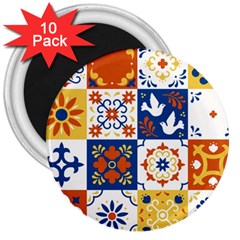 Mexican Talavera Pattern Ceramic Tiles With Flower Leaves Bird Ornaments Traditional Majolica Style 3  Magnets (10 Pack)  by Ket1n9