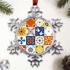 Mexican Talavera Pattern Ceramic Tiles With Flower Leaves Bird Ornaments Traditional Majolica Style Metal Large Snowflake Ornament by Ket1n9