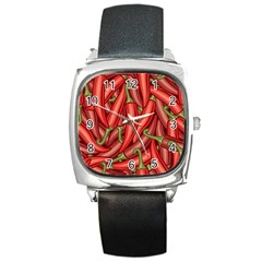 Seamless-chili-pepper-pattern Square Metal Watch by Ket1n9