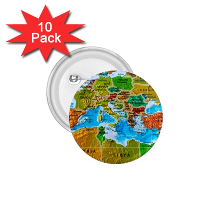 World Map 1.75  Buttons (10 pack)