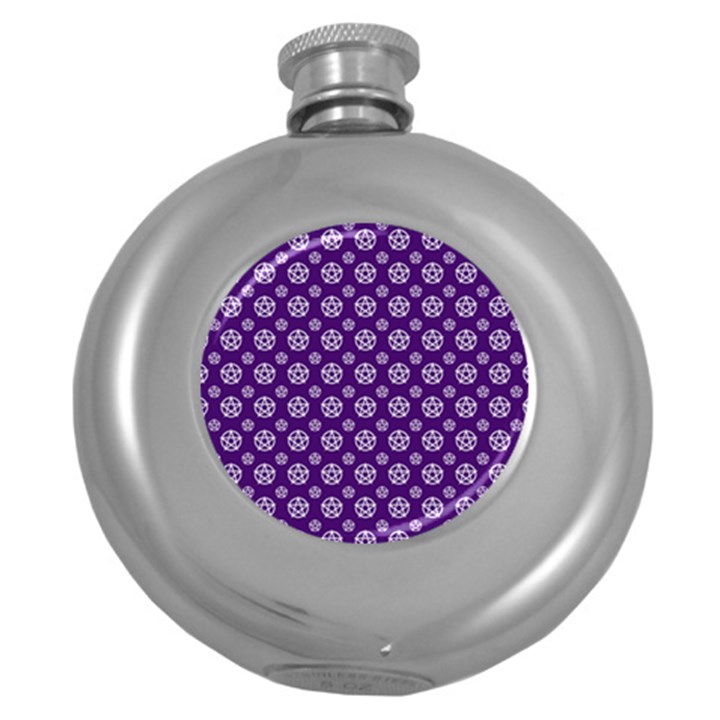 White pentacle and purple pattern Round Hip Flask (5 oz)