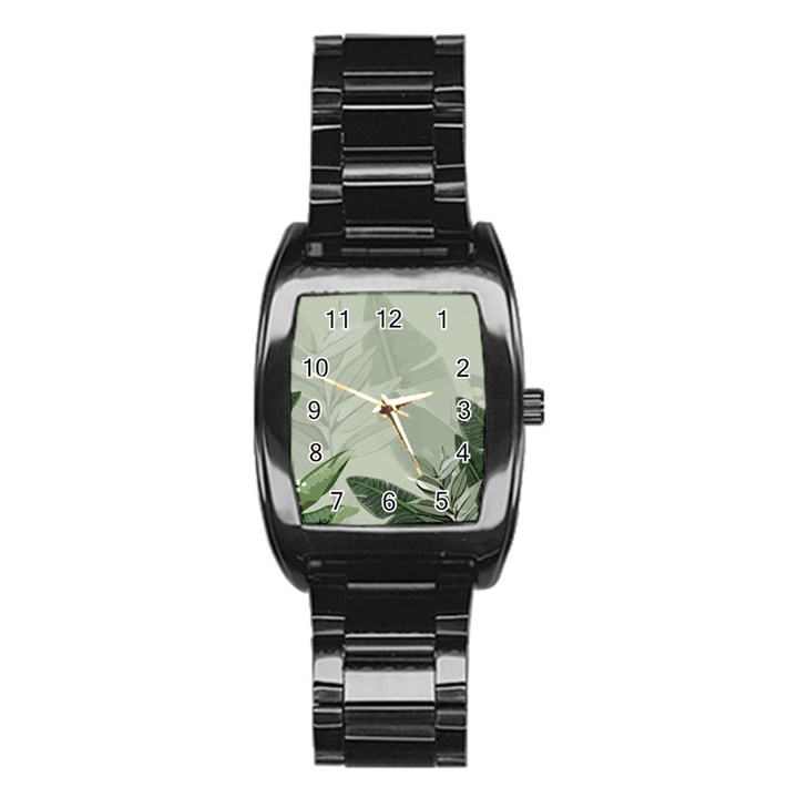 Banana Leaf Plant Pattern Stainless Steel Barrel Watch