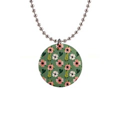 Flower Green Pink Pattern Floral 1  Button Necklace by anzea