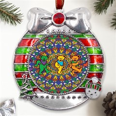 Dead Dancing Bears Grateful Dead Pattern Metal X mas Ribbon With Red Crystal Round Ornament by Grandong