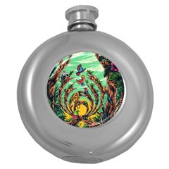 Monkey Tiger Bird Parrot Forest Jungle Style Round Hip Flask (5 Oz) by Grandong