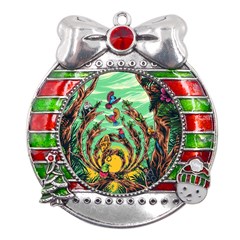 Monkey Tiger Bird Parrot Forest Jungle Style Metal X mas Ribbon With Red Crystal Round Ornament by Grandong