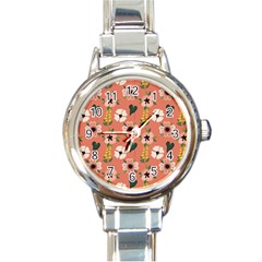 Flower Pink Brown Pattern Floral Round Italian Charm Watch by anzea