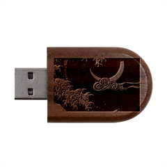 Night In The Ocean Red Waves Art Moon Dark Japanese Wave Wood Oval Usb Flash Drive by Perong