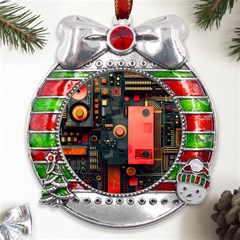 Tech Technology Pattern Metal X mas Ribbon With Red Crystal Round Ornament by Salmanaz77