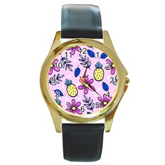 Flowers Petals Pineapples Fruit Round Gold Metal Watch by Paksenen