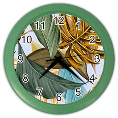 Monstera Palm Leaves Plants Color Wall Clock by Paksenen