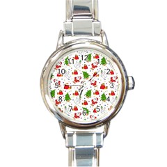 Christmas Pattern, Pattern, Christmas, Trees, Santa Round Italian Charm Watch by kyorashop23