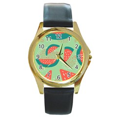 Watermelon Dots Summer Pattern Round Gold Metal Watch by Bedest