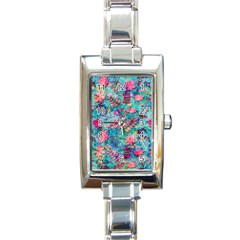 Pink On Blue Leaves Rectangle Italian Charm Watch by kyorashop23