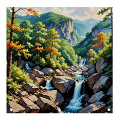 Serene Mountain Waterfall Landscape Banner And Sign 4  X 4  by ExtraAwesomeSauce