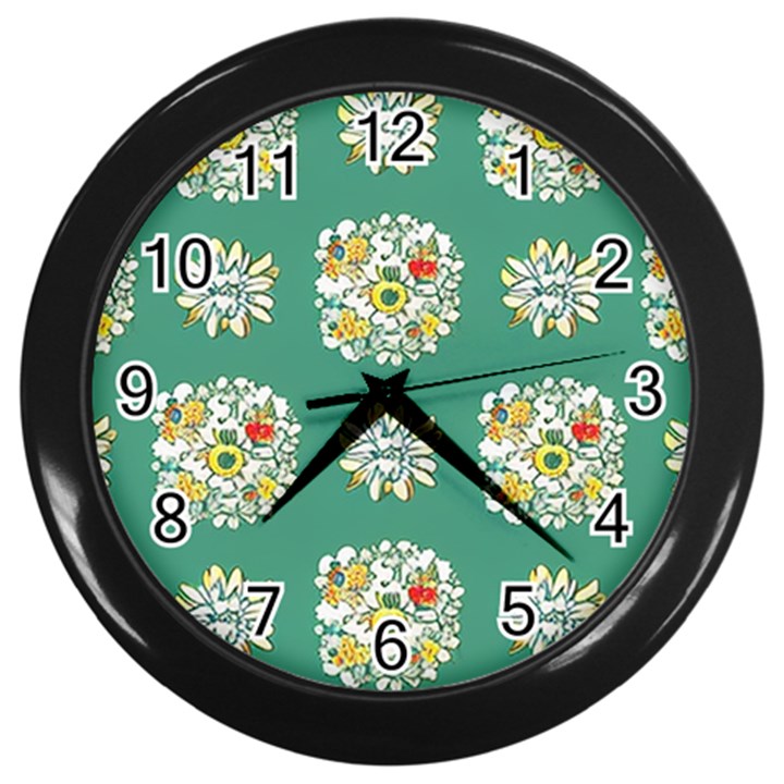 Retro 1960s Flowers Pattern 2 Wall Clock (Black)