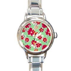 Retro 1960s Flowers Pattern Round Italian Charm Watch by violetheavensky