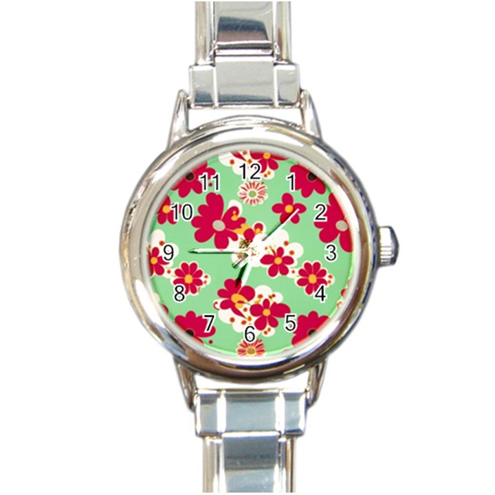 Retro 1960s Flowers Pattern Round Italian Charm Watch