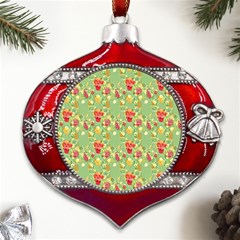 Retro 1880s Flowers Pattern 17 Metal Snowflake And Bell Red Ornament by violetheavensky