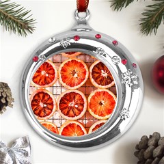 Peorange, Fruit, Citrus Metal Snowflake Red Crystal Round Ornament by kyorashop23