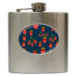 Strawberry Texture, Blue Background With Strawberries Hip Flask (6 oz) Front