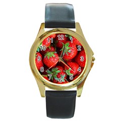 Strawberry, Berries, Fresh, Red Round Gold Metal Watch by kyorashop23