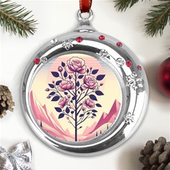 Roses Flowers Bloom Nature Blossom Metal Snowflake Red Crystal Round Ornament by Salmanaz77