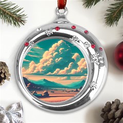 Mountains Countryside Agriculture Metal Snowflake Red Crystal Round Ornament by Salmanaz77