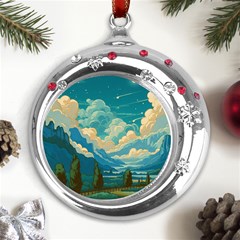 Mountains Rural Countryside Sky Metal Snowflake Red Crystal Round Ornament by Salmanaz77