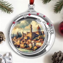 Village Houses Buildings Facade Metal Snowflake Red Crystal Round Ornament by Salmanaz77