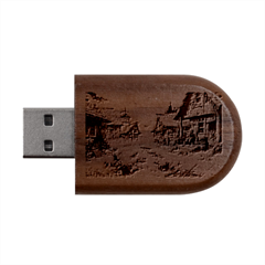 Village Nature Winter Landscape Wood Oval Usb Flash Drive by Salmanaz77