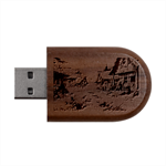 Village Nature Winter Landscape Wood Oval USB Flash Drive USB