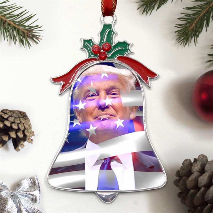 Donald Trump Flag Metal Holly Leaf Bell Ornament