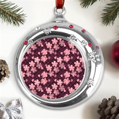 Cherry Blossoms Japanese Metal Snowflake Red Crystal Round Ornament by HermanTelo