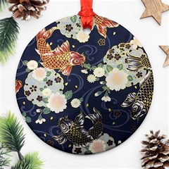 Japanese Wave Koi Illustration Pattern Round Ornament (two Sides) by Ndabl3x