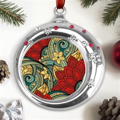 Pattern Shape Colorful Flower Leaves Metal Snowflake Red Crystal Round Ornament by Posterlux