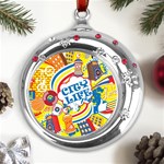 Colorful City Life Horizontal Seamless Pattern Urban City Metal Snowflake Red Crystal Round Ornament Front