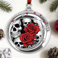 Roses And Skulls Metal Snowflake Red Crystal Round Ornament by pollyparadiseartshop