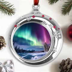 Northern Lights Aurora Night Nature Metal Snowflake Red Crystal Round Ornament by Posterlux