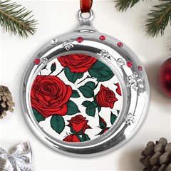 Roses Metal Snowflake Red Crystal Round Ornament by pollyparadiseartshop