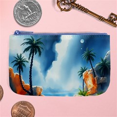 Delicate Watercolor Painting Surreal Oasis Scene With Intense Dramatic Lighting Large Coin Purse by pollyparadiseartshop