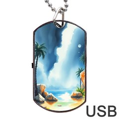 Delicate Watercolor Painting Surreal Oasis Scene With Intense Dramatic Lighting Dog Tag Usb Flash (two Sides) by pollyparadiseartshop