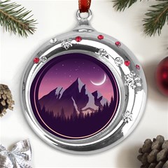 Mountain Night Crescent Moon Metal Snowflake Red Crystal Round Ornament by Bedest