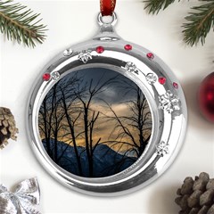 Tree Silhouette At Border Of Nahuel Haupi Lake, Rio Negro, Argentina Metal Snowflake Red Crystal Round Ornament by dflcprintsclothing