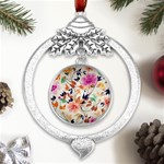 Abstract Floral Background Metal Silver X mas Leaves Round Ornament Front