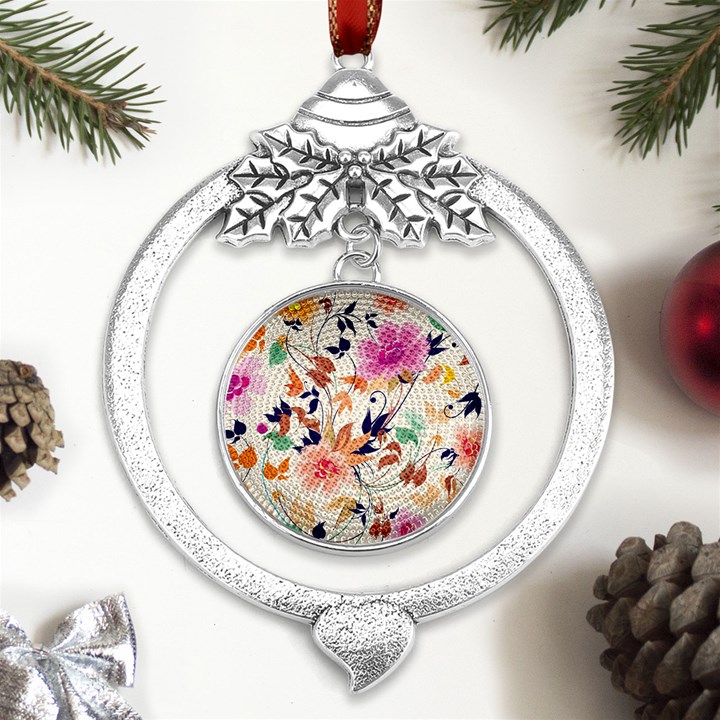 Abstract Floral Background Metal Silver X mas Leaves Round Ornament