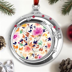 Abstract Floral Background Metal Snowflake Red Crystal Round Ornament by kyorashop23