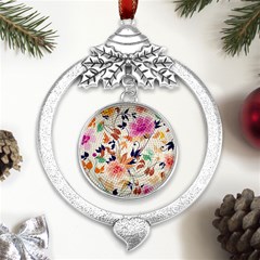 Abstract Floral Background Metal Silver X mas Leaves Round Ornament by kyorashop23