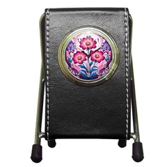 Fantasy Pink Flowers Stained Glass Pen Holder Desk Clock by Grandong