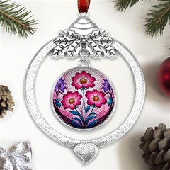 Fantasy Pink Flowers Stained Glass Metal Silver X mas Leaves Round Ornament by Grandong